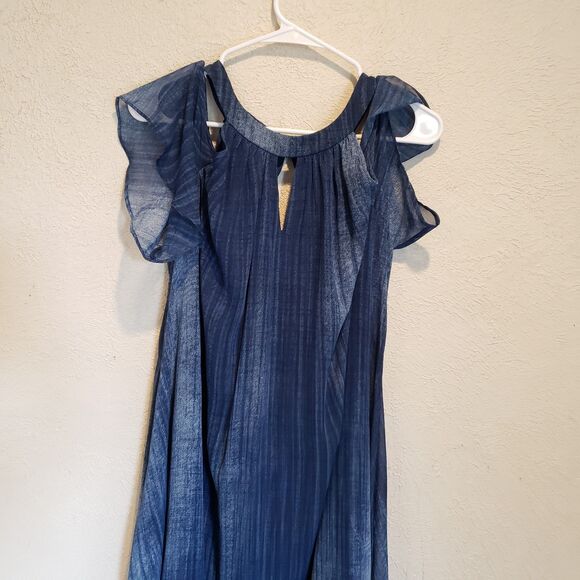 CHICO's size 2 medium indigo cold shoulder lined halter dress handkerchief hem - Picture 3 of 7